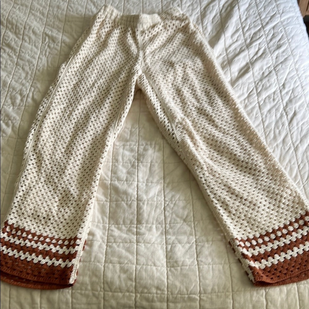 Ultra Pink Crochet Wide-Leg Pants with Brown Trim